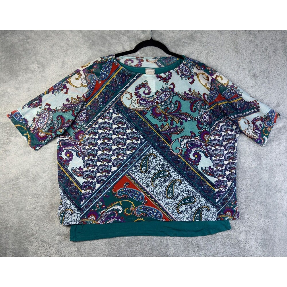 Chico's Top Womens 1P Teal Paisley Layered Semi Sheer Short Sleeve Lightweight